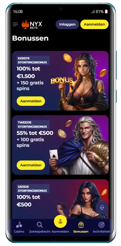 Nyxbets Casino bonuspagina met drie stortingsbonussen: 100% tot €1.500 plus 150 gratis spins, 55% tot €500 plus 100 gratis spins, en 100% tot €500, met fantasy-personages als illustratie