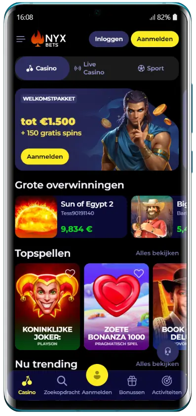 Nyxbets Casino mobiele homepage met welkomstpakket tot €1.500 en 150 gratis spins, sectie grote overwinningen met Sun of Egypt 2 winnaar van €9.834, en topspellen zoals Koninklijke Joker en Zoete Bonanza 1000