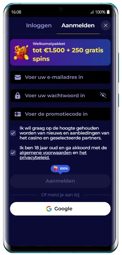 Nyxbets Casino registratieformulier op mobiel met welkomstpakket tot €1.500 en 250 gratis spins, velden voor e-mail, wachtwoord en promotiecode, en aanmeldoptie via Google