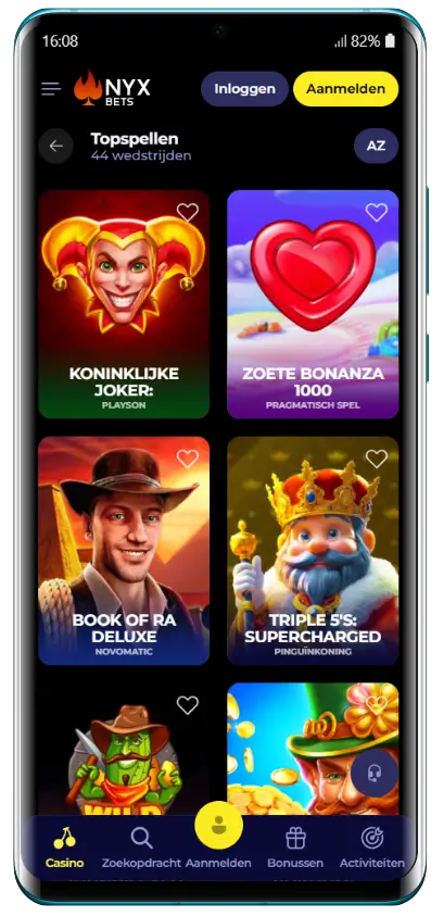 Nyxbets Casino topspellen sectie met 44 wedstrijden, waaronder Koninklijke Joker van Playson, Zoete Bonanza 1000, Book of Ra Deluxe van Novomatic en Triple 5's Supercharged